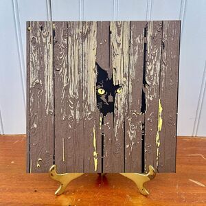 Black Cat Behind the Fence Wall Art, Cat Peeking Through Fence